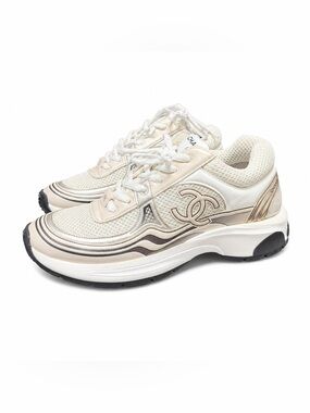 CHANEL Cream & White Mesh Logo Sneakers